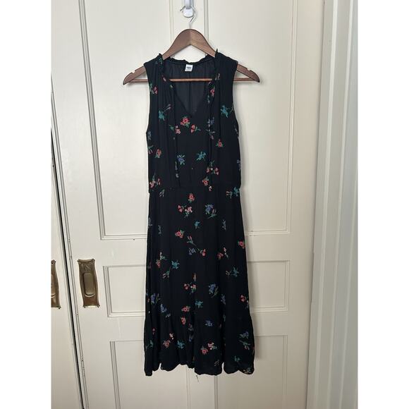 Old Navy Floral Boho Peasant Midi Dress Womens Size Medium Black Hippie - Picture 1 of 8
